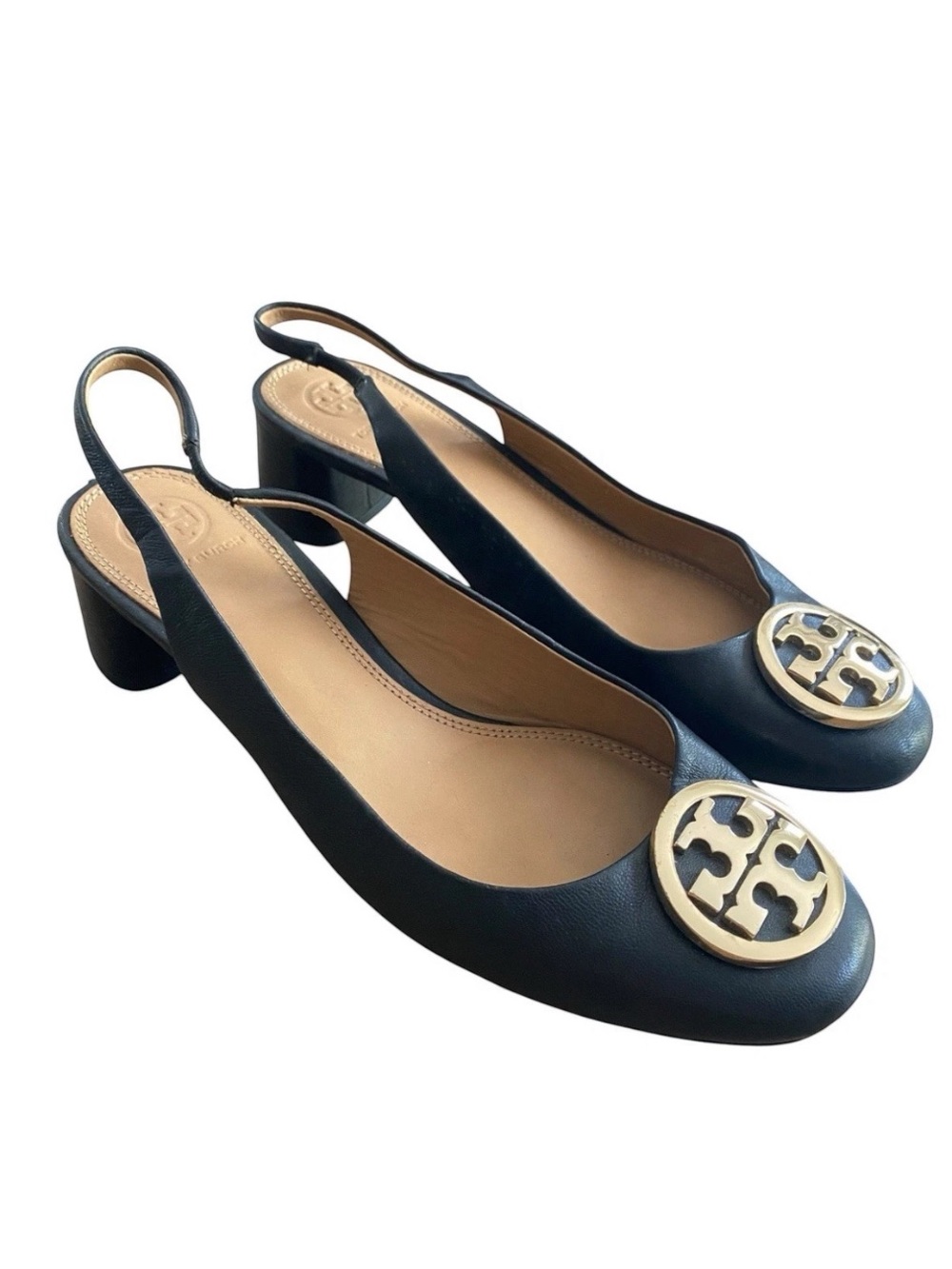 Tory Burch Black Leather Slingback Benton Block Heel Pumps 7.5